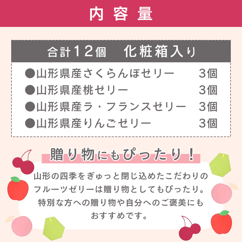 産地直送ゼリー 計12個（ さくらんぼ 桃 ラフランス りんご） 4種類×3個 化粧箱入 フルーツゼリー ギフト セット 詰め合わせ 国産果物　012-G-BK013