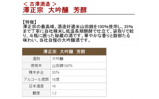 【袋取り斗瓶囲い】澤正宗 大吟醸 「芳醇」 720ml×１本（桐箱入）《兵庫県産山田錦35%精米》　0220-E-FR010
