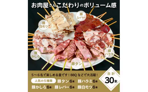 寒河江の 焼き鳥（国産豚肉）30本セット（5種類×6本） ／ （ お取り寄せ 国産 ご当地 グルメ 特産 おうち時間 惣菜 おかず 豚肉 B級グルメ モツ レバー かしら ハラミ タン 送料無料 冷凍便）　015-D-NK017