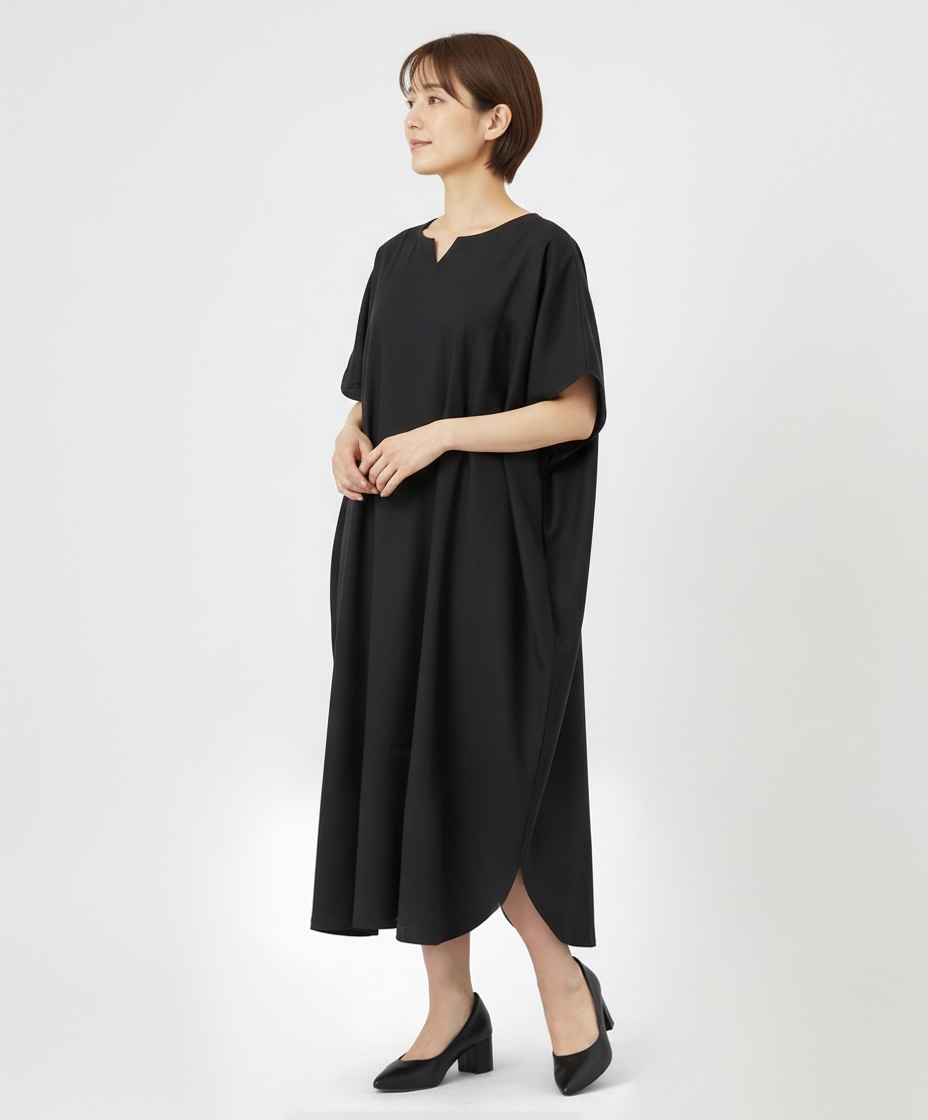 洗える 天然素材 ワイドドレープワンピース 日本製ブラックフォーマル素材使用 ／ シルクのような肌触り シワになりにくい ワンピース フリーサイズ オールシーズン対応 着心地抜群 MARUTA 春 夏 秋 冬 通年 シンプル 着回し ojohn 山形県寒河江市　088-H-OJ002