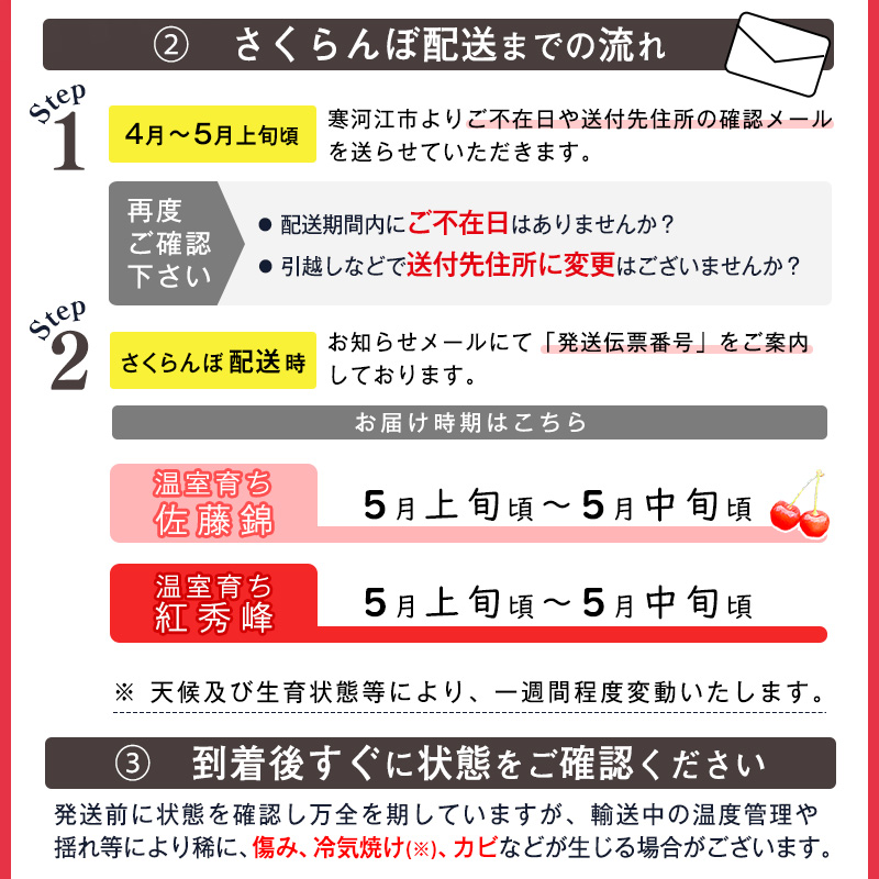《先行予約》令和8年産 特選 温室育ち さくらんぼ 紅秀峰 3L 特秀品 500g 桐箱詰（発泡スチロール梱包）2026産 山形県産【2026年5月上旬頃～5月中旬頃発送予定】※ 配送不可 沖縄・離島　520-A-MZ008 特選　紅秀峰