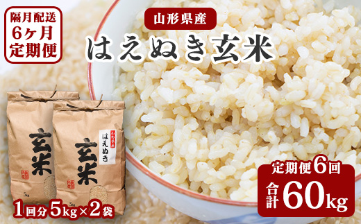 《先行予約》【令和8年産】《6回定期便：10月開始偶数月コース》 はえぬき 玄米 合計60kg （10kg（5kg×2袋）× 6回） 山形県産 【 新米 】 120-C-JF017-偶数月-R8 6回定期便：10月開始偶数月コース