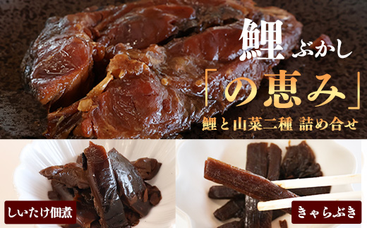 国産の厳選素材にこだわった 鯉と山菜二種佃煮の詰め合わせ「の恵み」（鯉ぶかし・しいたけ佃煮・きゃらぶき）【 お取り寄せ グルメ 和食 おかず 惣菜 魚 煮魚 魚料理 山菜 ご飯のお供 肴 おつまみ 晩酌 高級 郷土料理 詰合せ セット 東北 山形県 】　012-G-MH001 鯉と山菜二種佃煮