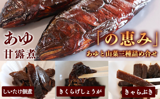 国産の厳選素材にこだわった 鮎と山菜三種佃煮の詰め合わせ「の恵み」（鮎甘露煮・きくらげしょうが・しいたけ佃煮・きゃらぶき） 【 お取り寄せ グルメ 和食 おかず 惣菜 魚 煮魚 魚料理 ご飯のお供 肴 おつまみ 晩酌 詰合せ セット 東北 山形県 】　012-G-MH002 鮎と山菜三種佃煮