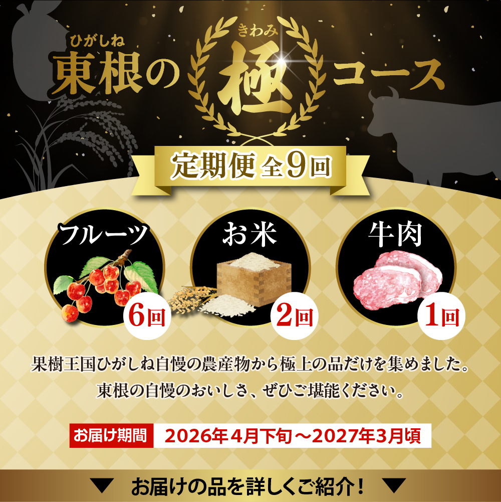【2026年先行予約 9回 定期便】山形県 東根市産「極」コース さくらんぼ 桃 シャインマスカット りんご ラ・フランス お米 肉 hi999-038