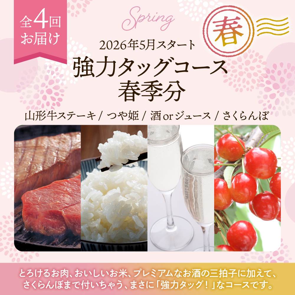 【定期便4回】強力タッグコース春季分(2026年5月スタート) さくらんぼ 山形牛ステーキ つや姫 酒 hi999-040