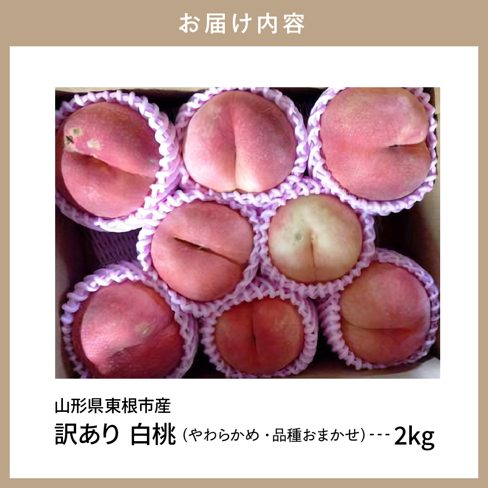 【2026年産】白桃 品種おまかせ 訳あり2kg(やわらかめ) 松栗提供 山形県 東根市　hi062-059 白桃 品種おまかせ 訳あり2kg(やわらかめ)