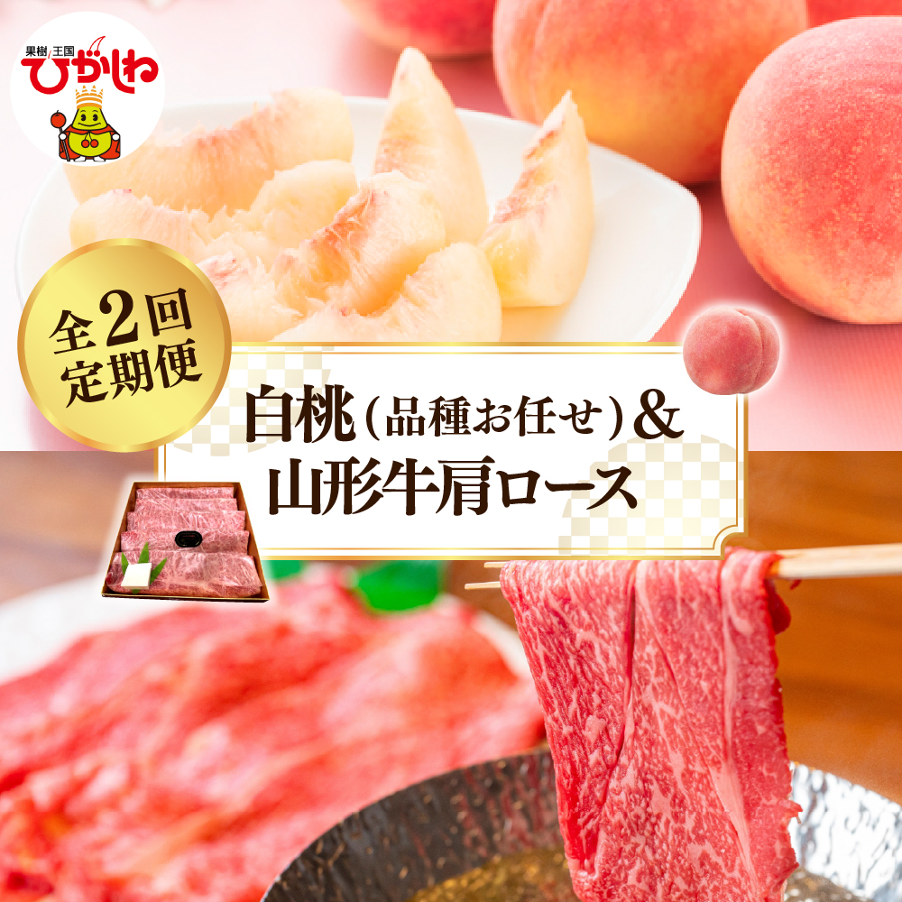 【2025年 先行予約】 白桃(品種お任せ)＆山形牛肩ロース 全2回定期便 (2025年8月スタート) 山形県 東根市 hi026-021-1