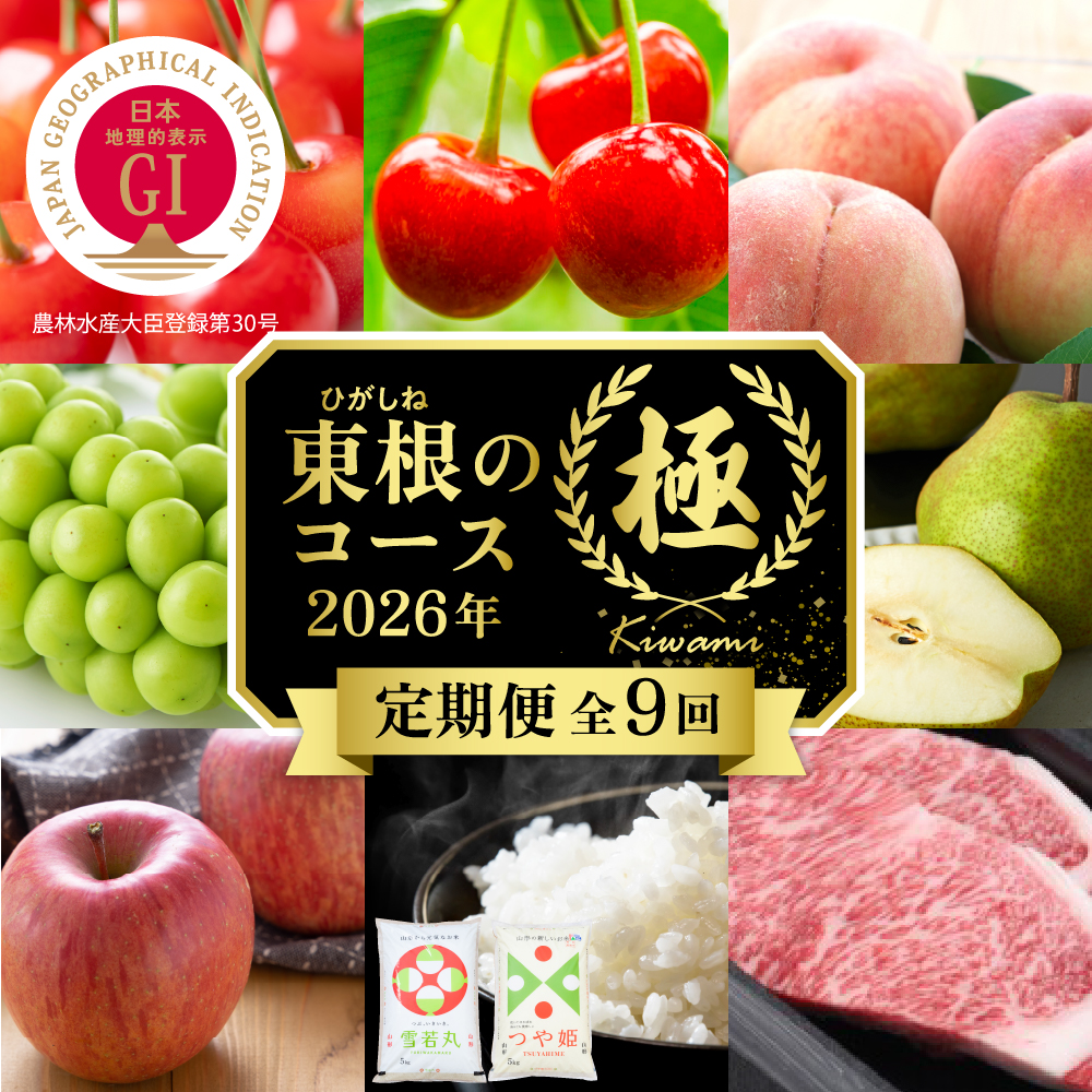 【2026年先行予約 9回 定期便】山形県 東根市産「極」コース さくらんぼ 桃 シャインマスカット りんご ラ・フランス お米 肉 hi999-038