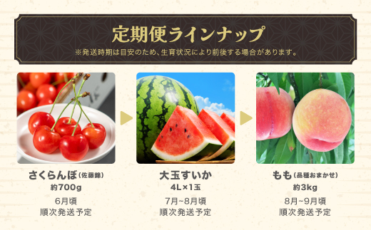 先行予約 全6回 フルーツ定期便 さくらんぼ 佐藤錦 尾花沢すいか もも シャインマスカット ラ・フランス りんご 令和8年産 2026年産 山形県産 山形 東北 国産 果物 くだもの お取り寄せ 沖縄・離島への配送不可 ja-ft6xx-b 全6回(さくらんぼ・すいか・もも・ぶどう・ラフランス・りんご）：寄附額99999999