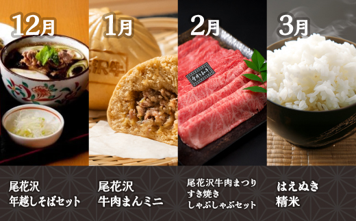 全12回定期便 山形 尾花沢 満喫定期便 フルーツ 米 肉 (すいか さくらんぼ もも シャインマスカット ラ・フランス  はえぬき 焼肉 すき焼き アスパラガス 鴨そばセット 肉まん スイカジュース) 12回 12ヶ月 定期便 ja-tkxxx12