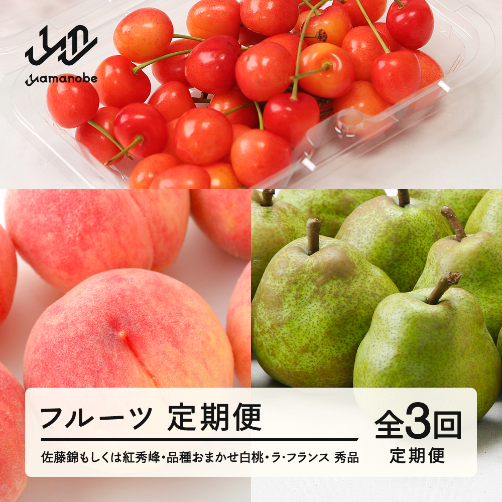 【先行予約】【フルーツ定期便】品種おまかせさくらんぼ・品種おまかせ白桃・ラ・フランス 秀品 全3回 果物 くだもの 山形県 山辺町 送料無料 tf-ft3shl-s ※沖縄・離島への配送不可