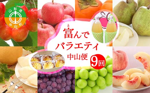 【定期便９回】富んでバラエティ中山便 さくらんぼ デラウェア 白桃 シャインマスカット 平種無柿 ラ・フランス サンふじりんご ジュース エッグタルト F4A-1015