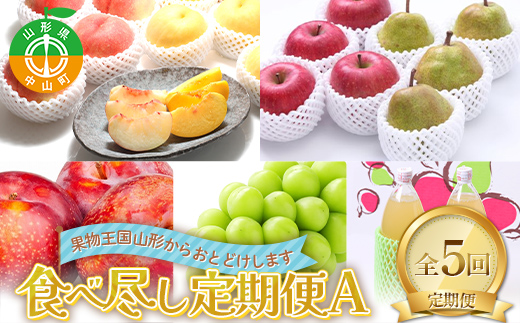  2026年先行予約 【定期便 5回】 フルーツ食べ尽し定期便A 桃 白桃 黄桃 すもも 秋姫 シャインマスカット ぶどう ラ・フランス 梨 洋梨 りんご リンゴジュース 果物 山形県 中山町 F4A-0442