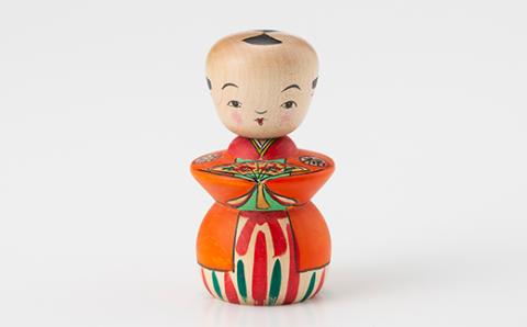 FYN9-580 ＜菊摩呂こけし工房＞ 福助こけし 橙柄 工芸品 伝統 インテリア 置物 縁起物 山形県 西川町