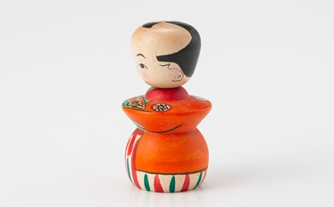 FYN9-580 ＜菊摩呂こけし工房＞ 福助こけし 橙柄 工芸品 伝統 インテリア 置物 縁起物 山形県 西川町