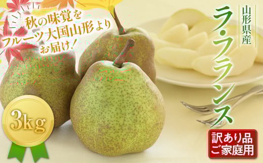 FYN6-429 《2026年先行予約》ご家庭用 山形県産西洋梨 ラ･フランス3kg 2026年11月中旬から順次発送 洋梨 洋なし ラフランス 秋果実 果物 くだもの フルーツ 訳あり 農業者 農家 支援 自宅 家庭 産地直送 山形県 西川町 月山