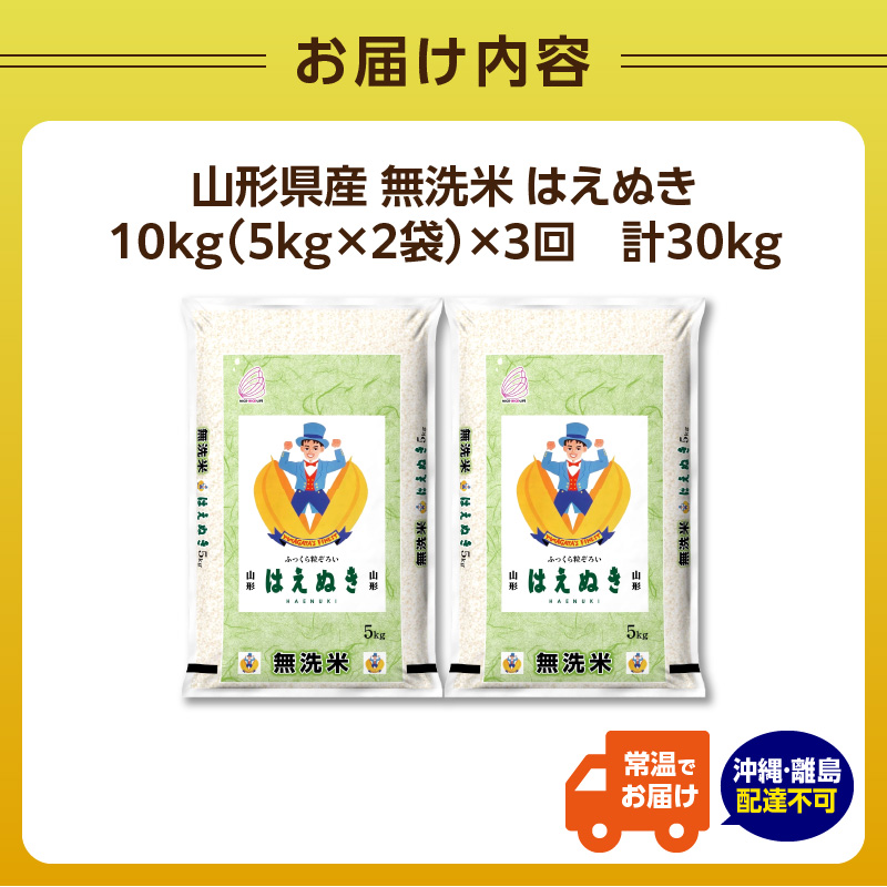 《3ヶ月定期便》山形県産 無洗米 令和7年産 はえぬき 10kg(5kg×2袋)×3ヶ月(計30kg)【山形県産 BG精米製法】
