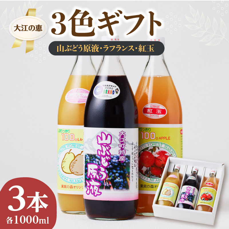 大江の恵 3色ギフト（山ブドウ原液、ラフランス、紅玉各1000ml）