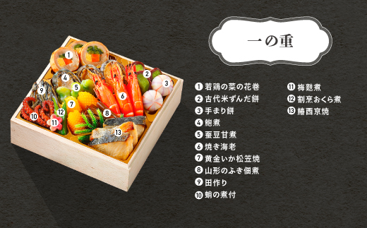 【12月31日お届け】おせち 赤坂あじさい監修 和風「紅花」約3~4人前 冷蔵 47品 2027年 やまがた地鶏 山形牛しぐれ煮 お節 6寸 三段重 重箱 おせち aa-oczyx1 【冷蔵】紅盤 三段重