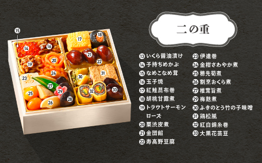 【12月31日お届け】おせち 赤坂あじさい監修 和風「紅花」約3~4人前 冷蔵 47品 2027年 やまがた地鶏 山形牛しぐれ煮 お節 6寸 三段重 重箱 おせち aa-oczyx1 【冷蔵】紅盤 三段重
