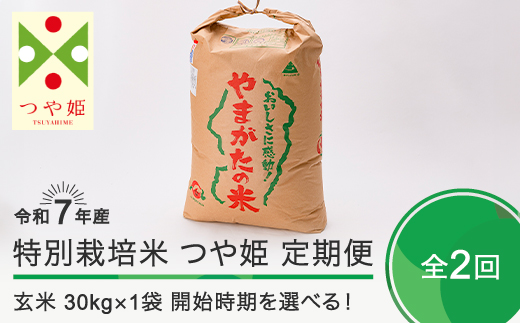 新米 米 令和7年産 【玄米2回定期便】 つや姫 30kg×2回 2026年4月・2026年7月発送 大石田町産 特別栽培米 玄米 ※沖縄・離島への配送不可 ja-tsgxa30x2-tkk4to7 定期便＜2回発送＞4月・7月