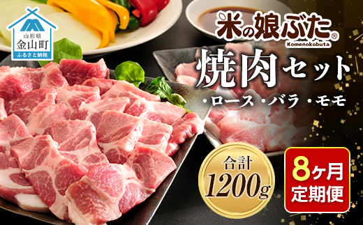 【定期便】「米の娘ぶた」焼肉セット(ロース300g・バラ300g・もも600g）計1200g×8ヶ月 豚肉 ブランド豚 高級 新鮮 冷凍 焼き肉 東北 山形 金山町 F4B-0228