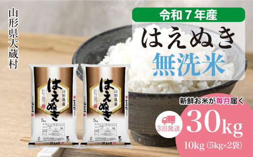 ＜令和7年産米＞ はえぬき 【無洗米】30kg定期便 (10kg×3回)　配送時期指定できます！ 申込完了後約2週間で順次配送