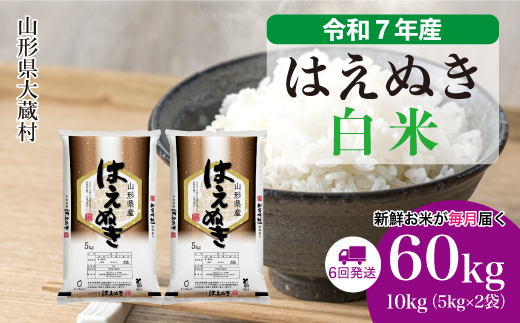 ＜令和7年産米＞ はえぬき 【白米】60kg定期便(10kg×6回)　配送時期指定できます！ 申込完了後約2週間で順次配送