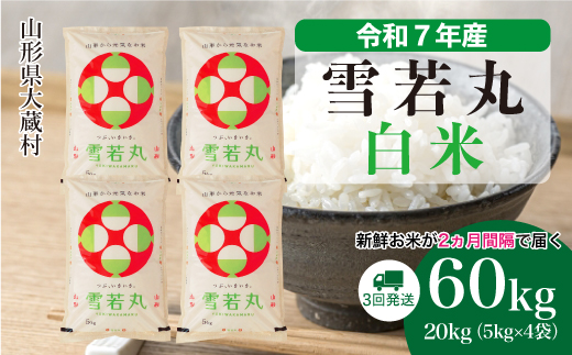 ＜令和7年産米＞ 雪若丸 【白米】60kg定期便(20kg×3回)　配送時期指定できます！ 申込完了後約2週間で順次配送