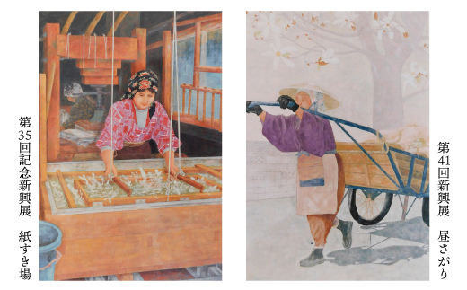 日本画家　黒坂敏生氏筆　鮭川の風景と祭り　＜鮭川歌舞伎＞