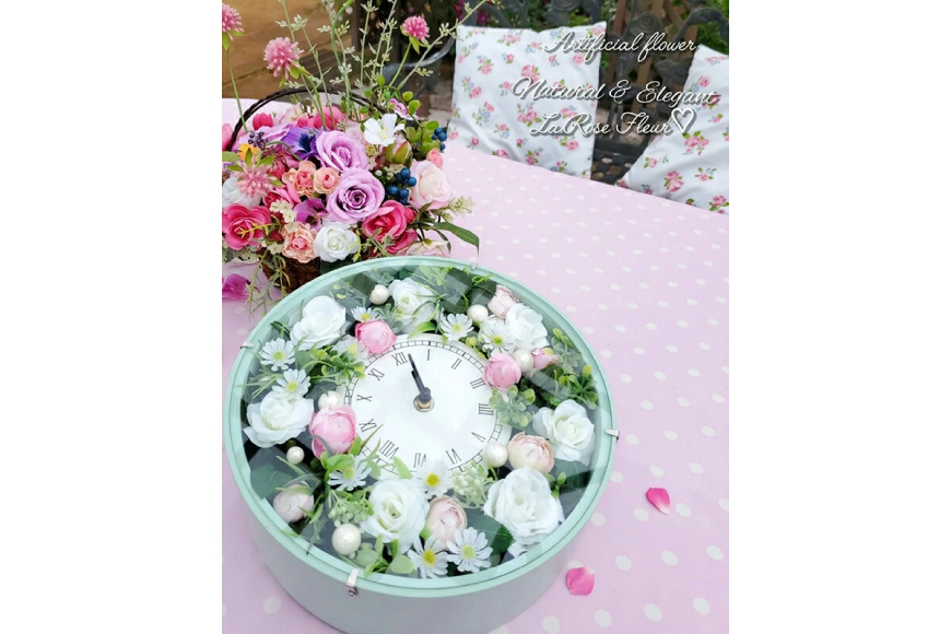 フラワーアレンジメント 薔薇の花時計 グリーン [La.Rose Fleur 山形県 高畠町 tk06ayt140013] 時計 バラ 薔薇 花 はな 造花 フラワー アレンジメント インテリア 飾付 置き型 壁掛け ハンドメイド