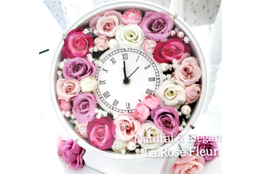 フラワーアレンジメント 薔薇の花時計 ホワイト [La.Rose Fleur 山形県 高畠町 tk06ayt140014] 時計 バラ 薔薇 花 はな 造花 フラワー アレンジメント インテリア 飾付 置き型 壁掛け ハンドメイド