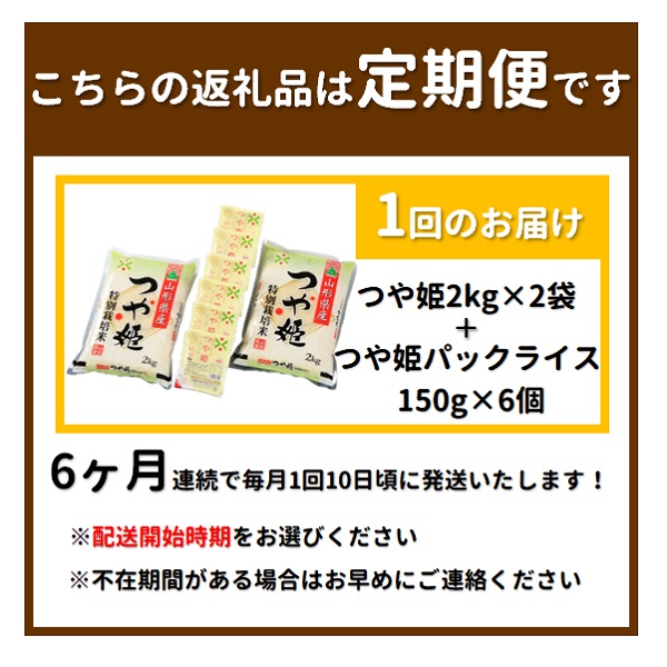 【11月～4月発送】つや姫2kg×2袋+パックライス6P×6回 [HM1-020(まいすたぁ)] 【11月～4月発送】つや姫4kg+パックライス6P