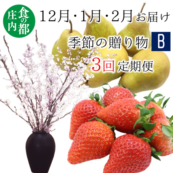 食の都庄内　《12・1・2月お届け-B》季節の贈り物-3ヶ月定期便(庄内旬青果) 12月:啓翁桜、 1月:洋梨、 2月:いちご