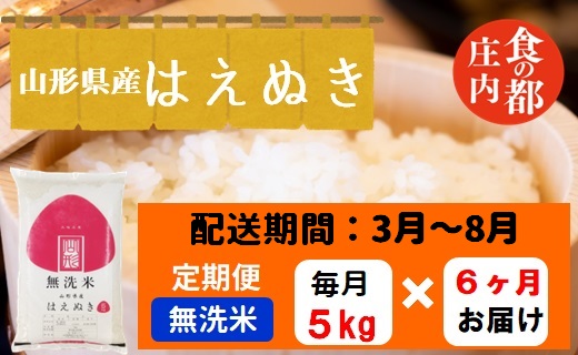 【3月～8月発送】無洗米山形県産はえぬき5kg×6回【定期便6回】(みかわ振興公社《有限会社　阿部ベイコク》)