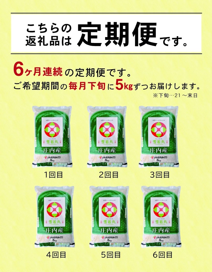 【定期便】庄内産雪若丸5kg×6ヶ月連続(2月～7月)