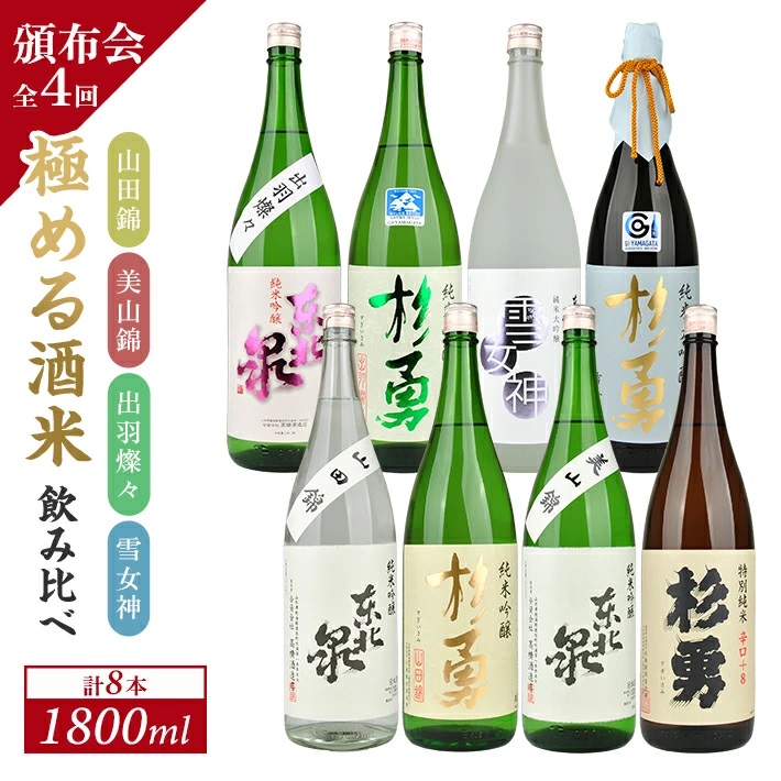 【4回定期便】極める酒米飲み比べ頒布会1800ml×2本コース 年4回 計8本 山田錦 美山錦 出羽燦々 雪女神