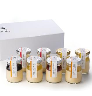 No.0977 森山の湯庵プリン　プレーン、はちみつ、果実(みのり)おまかせ8個セット　化粧箱入り