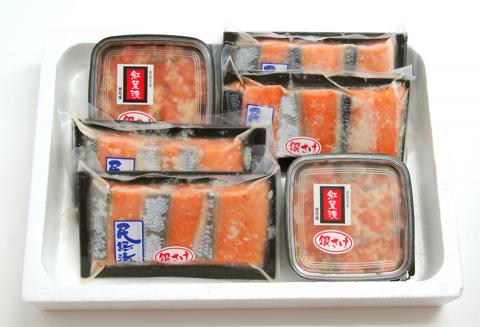 No.2195　福島名産 鮭の味（鮭のこうじ漬け詰合せ）「紅葉漬」140ｇ×２個、「民謡漬」３切入り（約135g）×４個