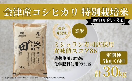 [定期便／全6回／1回目 令和8年1月下旬から1月末発送] 令和7年産 会津産コシヒカリ 米でいいの田゛玄米 計30kg (5kg×6回)｜令和7年 2025年 会津産 米 お米 こめ コメ 玄米 こしひかり 新米 [1143]