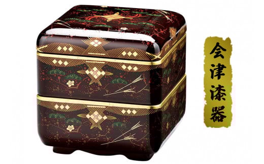 4.0緑型二段重 溜内朱 会津絵松竹梅｜会津若松 漆器 特産品 [0532]