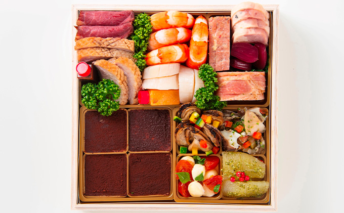 おせち 美食の宝石箱(和洋折衷の三段重)エルマール 4人前 40品 2026 東北・関東限定 三段重 惣菜 生おせち 数量限定 和風 洋風 レストラン 福島県 郡山市