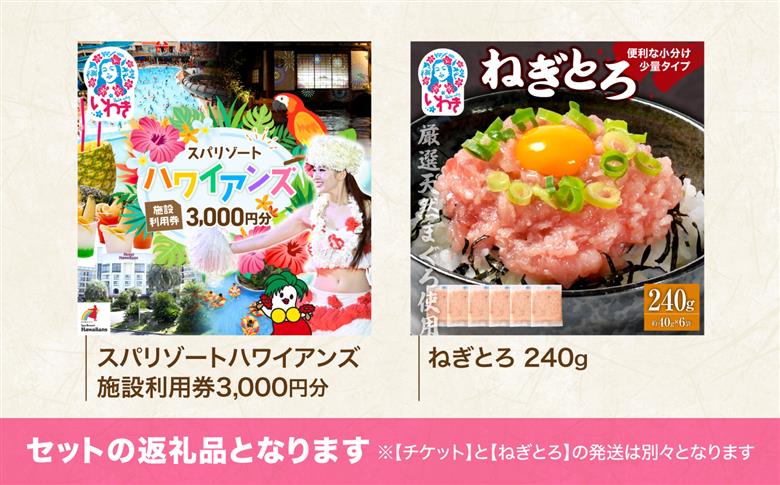 スパリゾートハワイアンズ　施設利用券3,000円分＋ねぎとろ使い切りパック 240g（約40g×6パック） | 利用チケット 入場券 ホテルハワイアンズ モノリスタワー ウイルポート フラダンス プール スパ 福島県 いわき市 マウナヴィレッジ ゴルフコース まぐろたたき ねぎとろ マグロ パーティー 使い切りパック 海鮮丼 お寿司 軍艦巻き | ZZ020