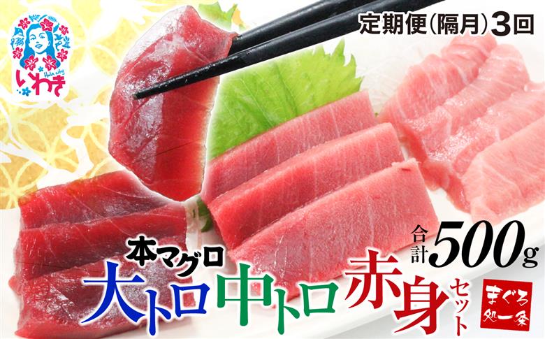 【定期便/隔月/計3回】本マグロ大トロ中トロ赤身セット500g（計1.5kg）【DG014-tk3】|選べる 回数 定期便 解凍レシピ付 1サクずつ 真空包装 ｜ マグロ 鮪 まぐろ トロ 刺身 寿司 【定期便/隔月/計3回】
