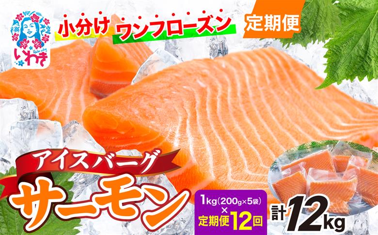 〈定期便12回〉アイスバーグサーモン（アトランティックサーモン）　約1kg（約200g×5袋） | アイスバーグサーモン アトランティックサーモン 産地直送 冷凍 お取り寄せ サーモン 切り身 北欧 ノルウェー 高たんぱく オメガ3 健康志向 | DK006-t12 【定期便12回】