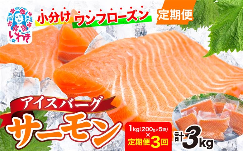 〈定期便3回〉アイスバーグサーモン（アトランティックサーモン）　約1kg（約200g×5袋） | アイスバーグサーモン アトランティックサーモン 産地直送 冷凍 お取り寄せ サーモン 切り身 北欧 ノルウェー 高たんぱく オメガ3 健康志向 | DK006-t3 【定期便3回】