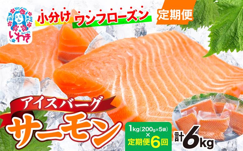 〈定期便6回〉アイスバーグサーモン（アトランティックサーモン）　約1kg（約200g×5袋） | アイスバーグサーモン アトランティックサーモン 産地直送 冷凍 お取り寄せ サーモン 切り身 北欧 ノルウェー 高たんぱく オメガ3 健康志向 | DK006-t6 【定期便6回】