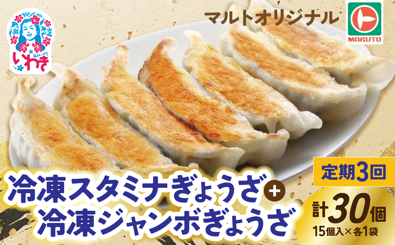 【定期便/計3回】マルトオリジナル 冷凍ジャンボぎょうざ&冷凍スタミナぎょうざ 15個入×各種1袋（30個）計90個 | 福島 いわき マルトオリジナル ジャンボぎょうざ 冷凍餃子 パンチ系餃子 食べ応え モチモチ厚皮 旨味ぎっしり おうちごはん 冷凍ストック 家庭用 お取り寄せグルメ 点心 簡単調理 冷凍食品 | EQ042-mx-t3 【3回定期便】