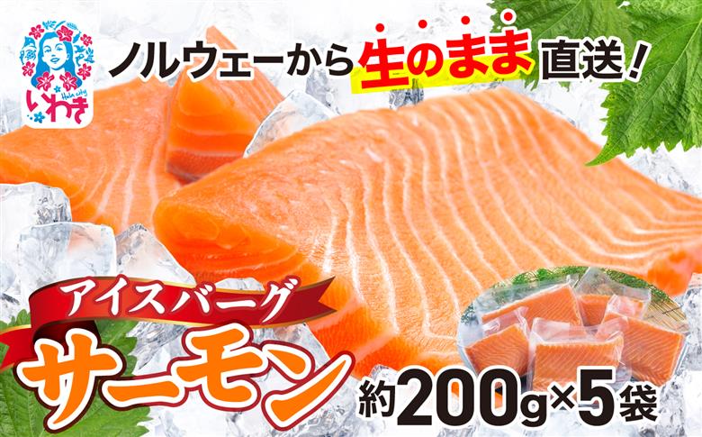 アイスバーグサーモン（アトランティックサーモン）　約1kg（約200g×5袋）　ノルウェーから生のまま直送！